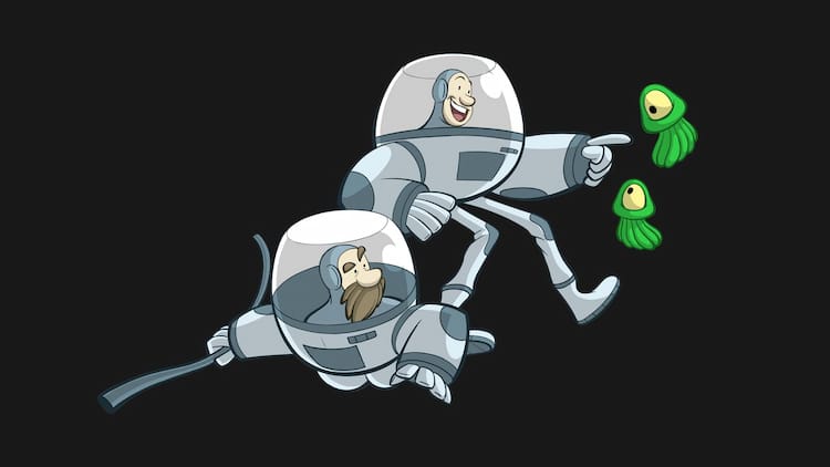 Two animated astronauts playing with a green alien