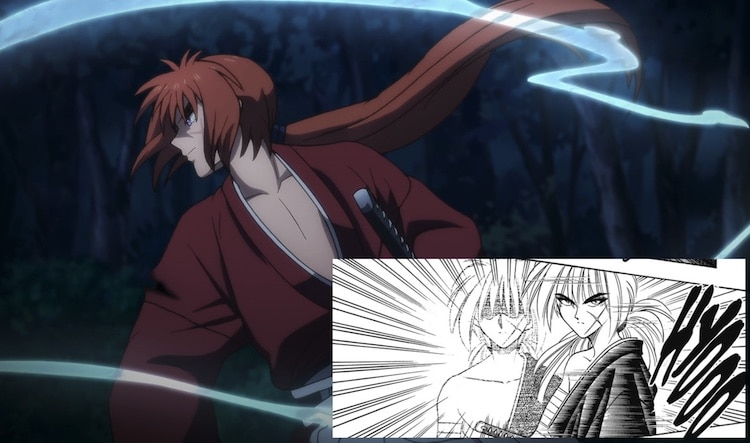 Two images showing Kenshin in the same moment of a fight scene from both the anime and the manga.