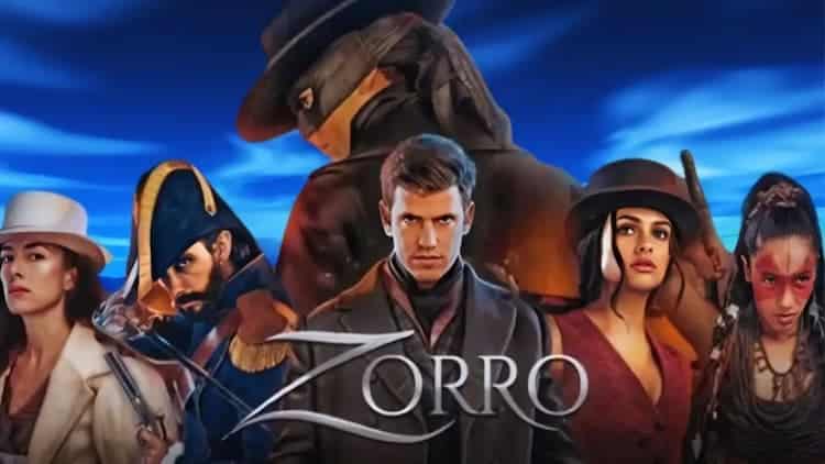 Amazon Prime promotional image featuring the cast of Zorro in a collage of 19th century clothing floating in deep blue sky with bright orange setting sun