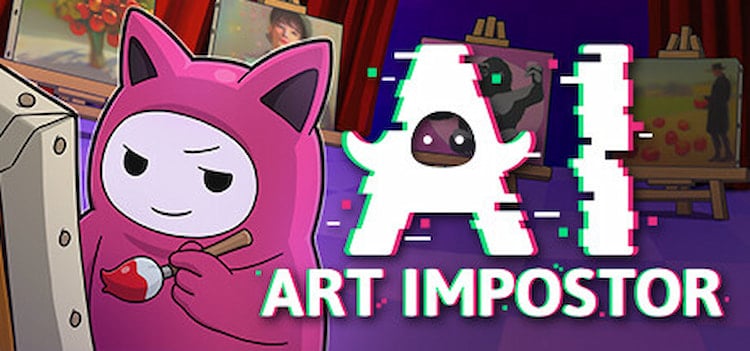 A little pink cat paints on a canvas with a deceptive grin. The text reads “AI: Art Impostor.”