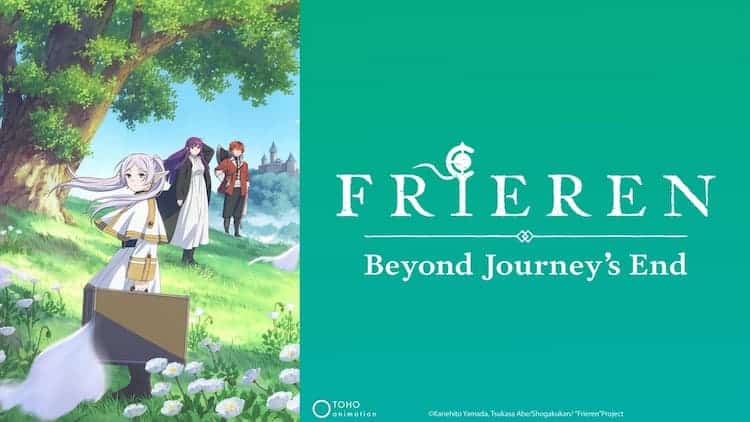 Frieren is looking behind her while holding her suitcase. Fern and Stark are standing together behind her. The wind is blowing flower petals and there is a tree. Frieren: Beyond Journey's End is on the right side of the image.