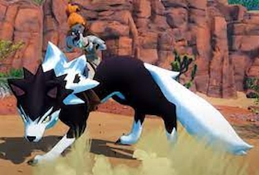 A Palworld player rides upon the back of a Direhowl Pal.