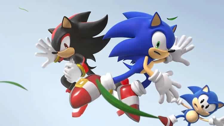 Sonic and Shadow are crossing paths in the sky. A few blades of grass are on the screen. Sonic and Shadow are looking at each other. Classic Sonic is in the background, looking shocked.