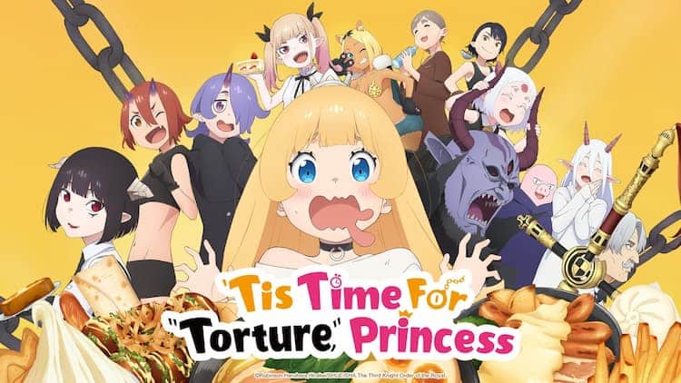 A young girl is looking at food and has an excited look on her face. Various characters are behind her, and they all have their mouth open. Chains are crossing in the background.