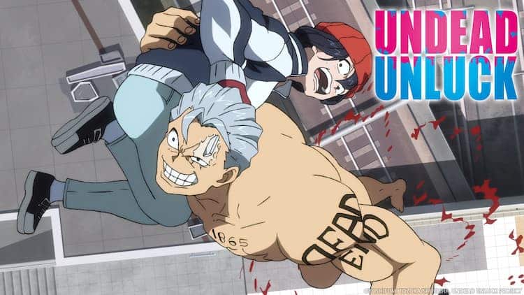 Andy is carrying Fuuko over his shoulder. Andy has a massive smile on his face and Fuuko looks terrified. Blood is splattering across the screen with buildings in the background. Undead Unluck is on the top right of the image.