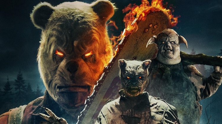 Promotional picture for Winnie the Pooh: Blood and Honey 2. Winnie is holding a chainsaw and has flaming eyes, left. Piglet is holding a club, right. Tigger is at the bottom.