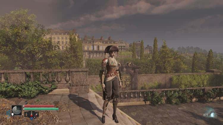 Screenshot of Aegis in front of a stately chateau