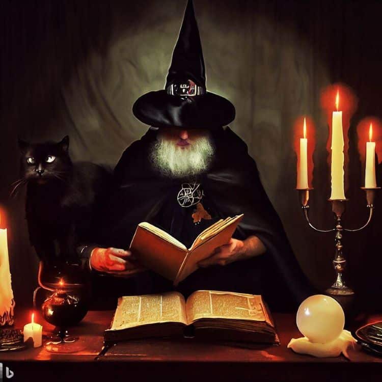 A Microsoft Bing Image Creator image using the prompt: "In the style of Rembrandt, a wizard reading a book of occult magic, candles on the table, a black cat, a crystal ball.