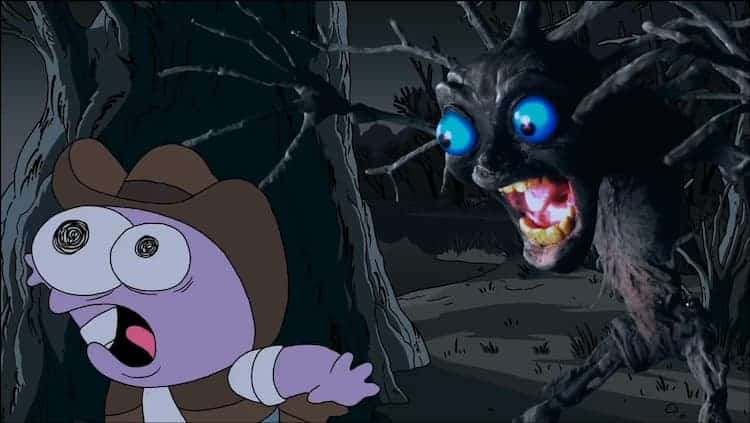 A purple man with eyes cartoonishly popping out of his head is running from a forest demon while streaming. The forest demon is made of dark black bark with bright blue eyes and twigs sticking out of every part.