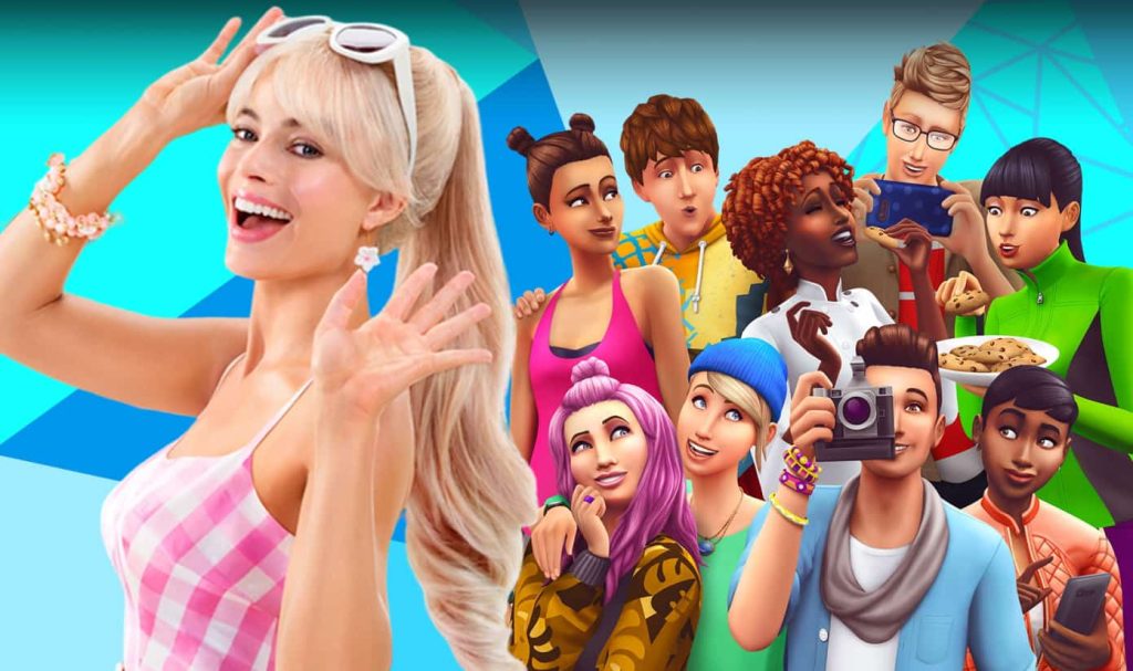 Margot Robbie as Barbie on the left and on the right a collection of sims.