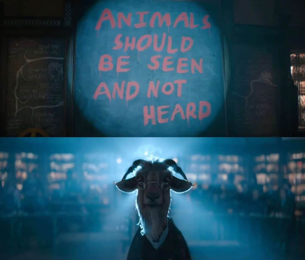 An image of a chalkboard with text that reads "Animals should be seen and not heard" and the goat Dr. Dillamond played by Peter Dinklage