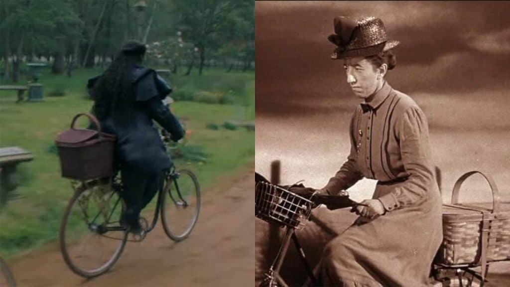 An image of Cynthia Erivo as Elphaba riding a bike on the left and Margaret Hamilton in The Wizard of Oz as Miss Gulch riding a bike.