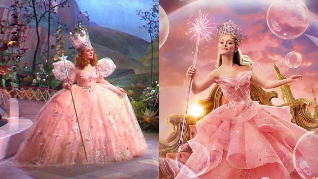 An image of Billie Burke as the original Glinda in The Wizard of Oz and on the right Ariana Grande as the new Glinda in Wicked.