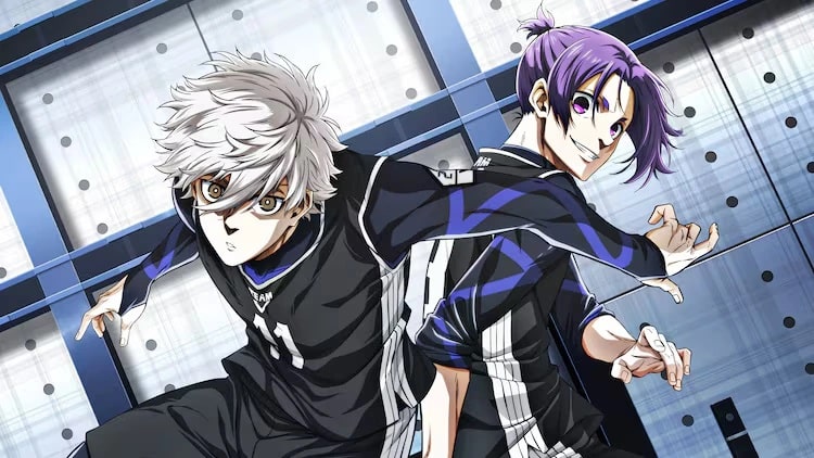 Nagi and Reo are back to back. They're wearing their team V uniform. They are in one of the fields inside of Blue Lock.