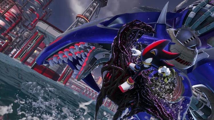 Shadow is hitting Metal Overlord in the face. Shadow is riding a black creature. They are fighting over water with various towers in the background. Dark clouds cover the sky.